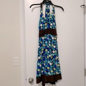 Blue and brown polka dotted halter dress